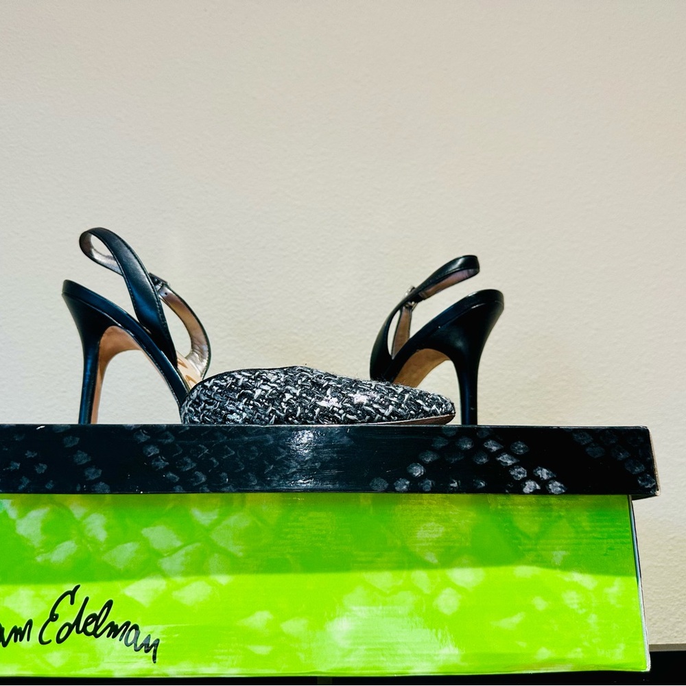 Sam Edelman Black and Silver Slingback Heels Size 8 1/2